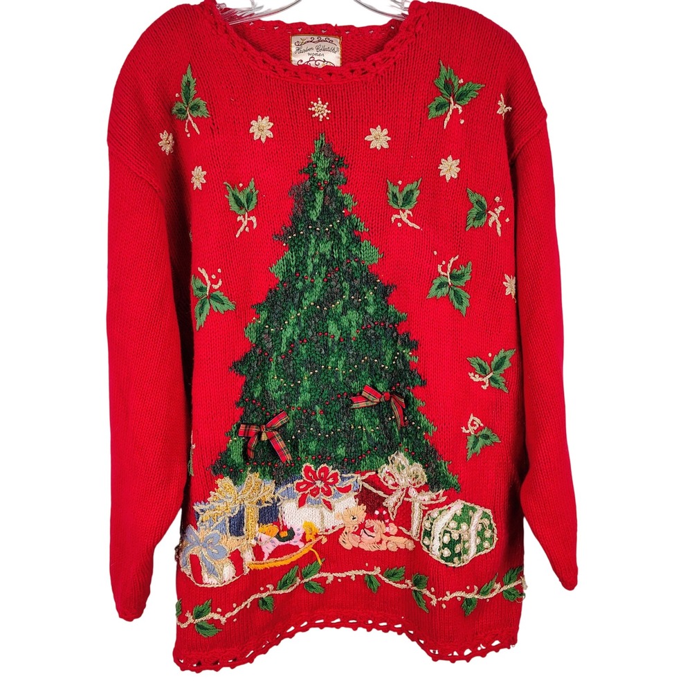 Heirloom Collectibles Womens SZ 22 Christmas Tree Sweater Red Ramie Cotton Twee